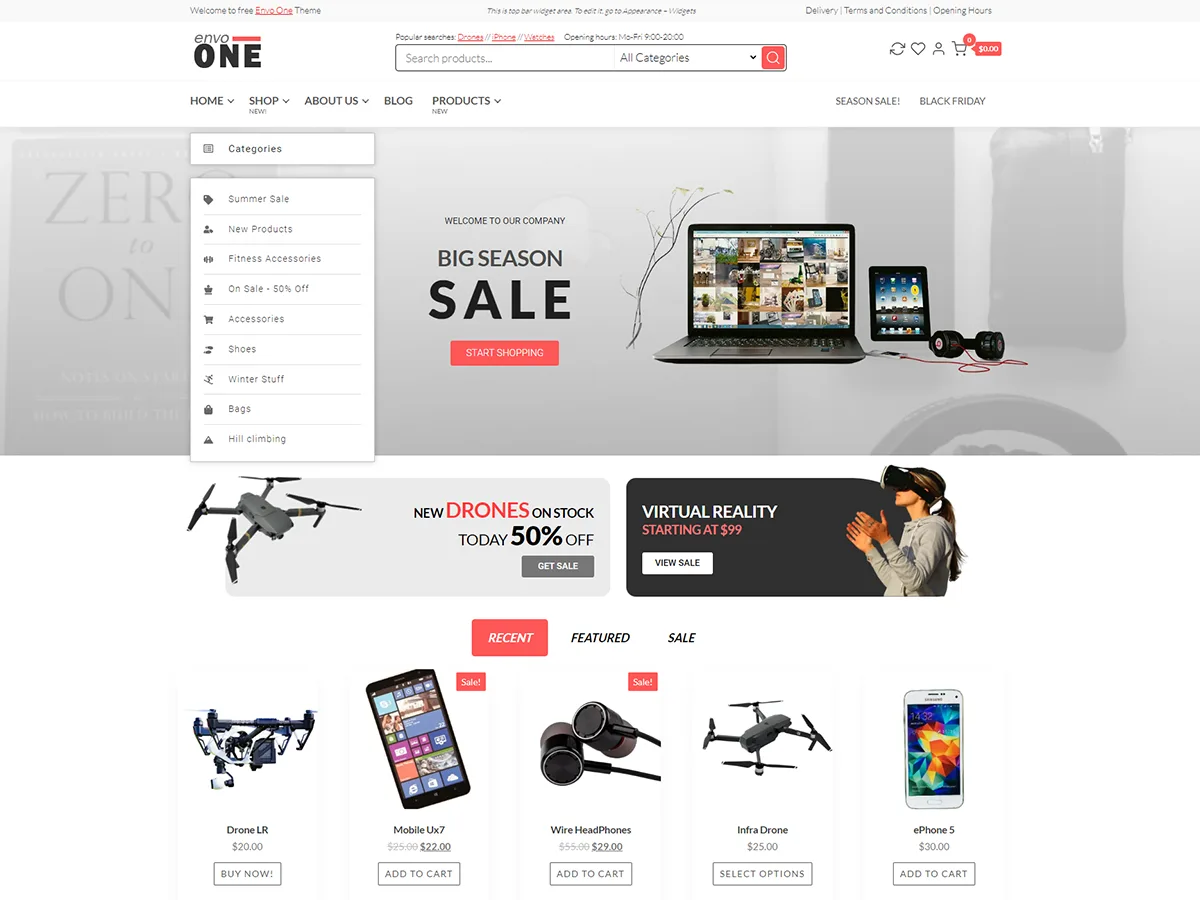 Envo One web sitesi teması ile oluşturulmuş modern bir e-ticaret sitesi görünümü