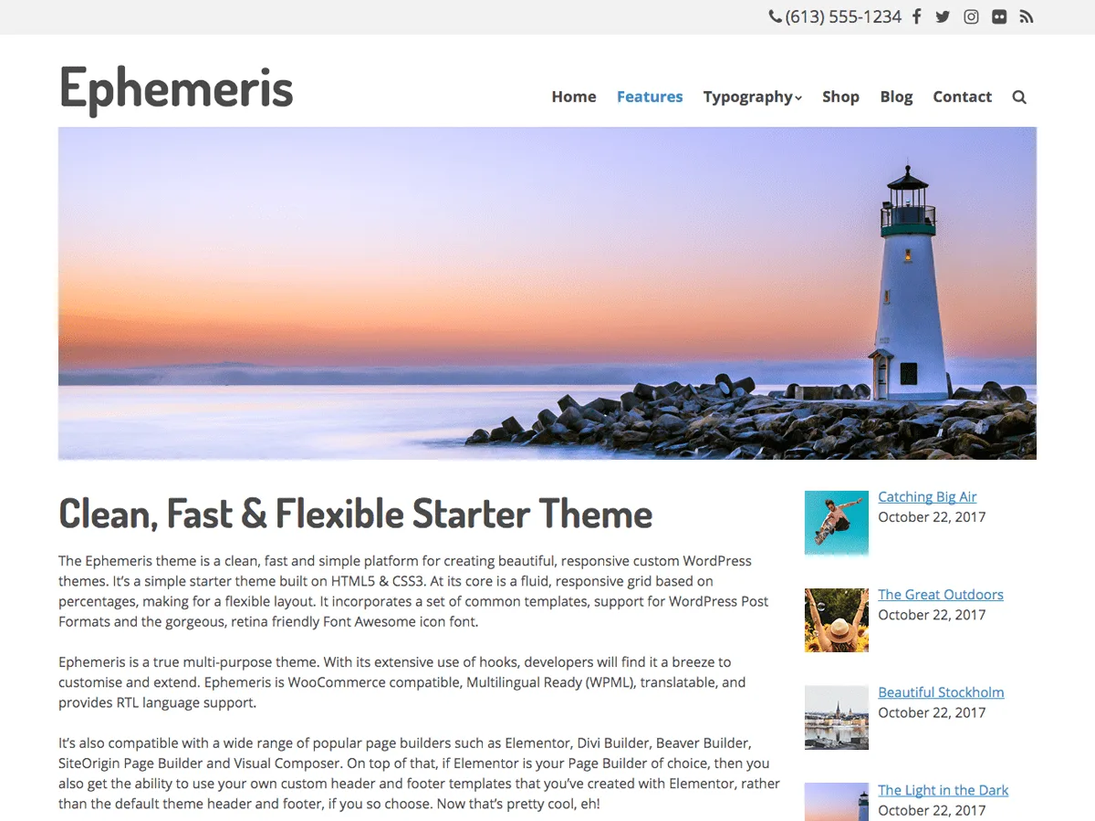 Ephemeris web sitesi teması özellikleri