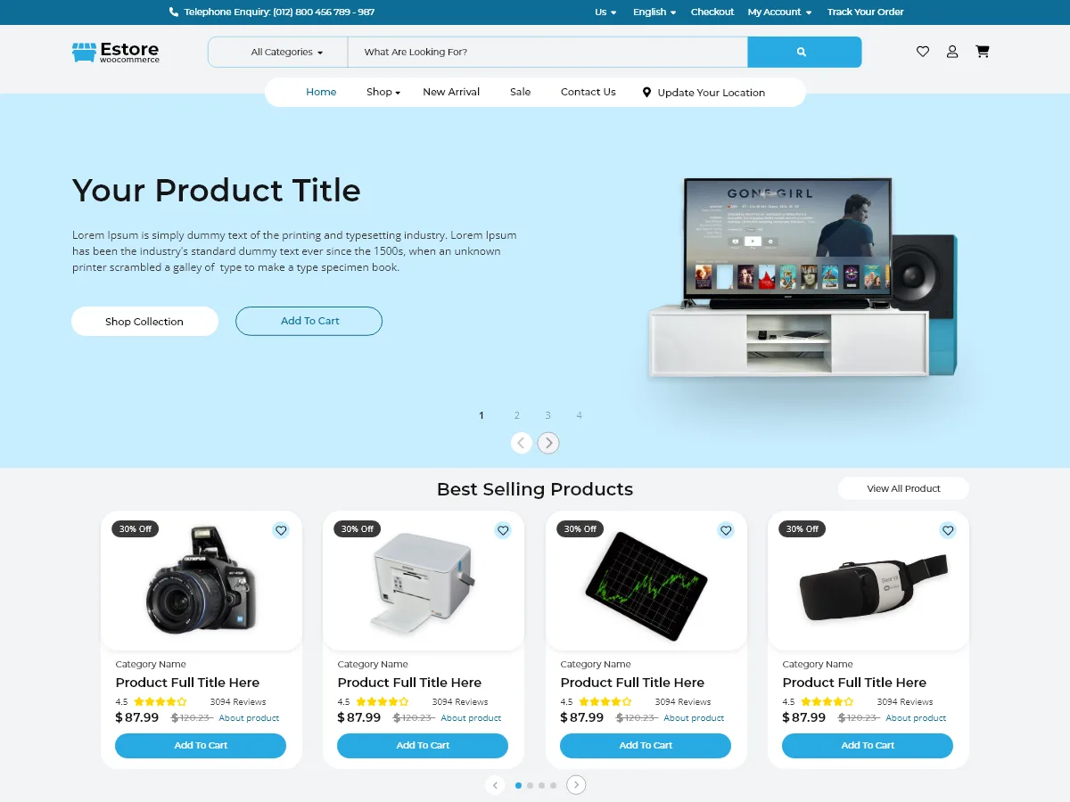Estore Woocommerce web sitesi teması ile oluşturulmuş çevrimiçi market görünümü