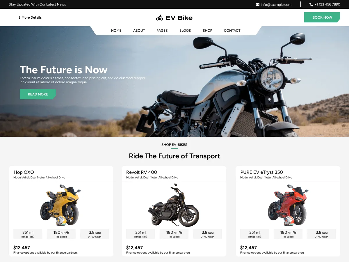 EV Bike Shop web sitesi teması ile elektrikli bisiklet mağazası görünümü