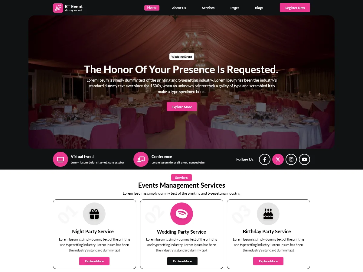 Event Management Blocks web sitesi teması ile etkinlik yönetimi sitesi görünümü