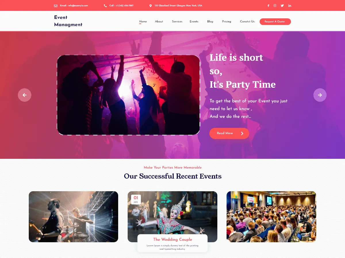 Event Management temasının etkinlik organizasyonu web sitesi görünümü