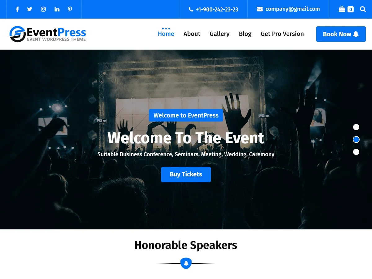 EventPress etkinlik teması ile oluşturulmuş profesyonel bir etkinlik web sitesi görünümü