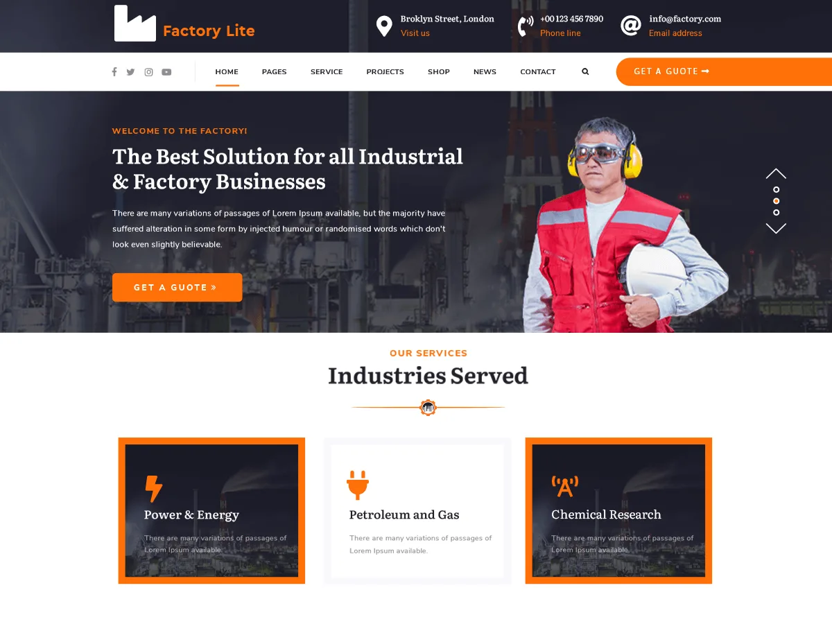 Factory Lite web sitesi teması önizlemesi