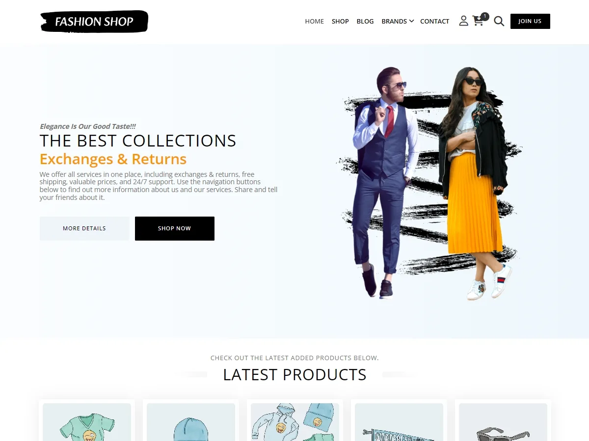 Fashion Shop web sitesi teması ile moda mağazası ana sayfa görünümü