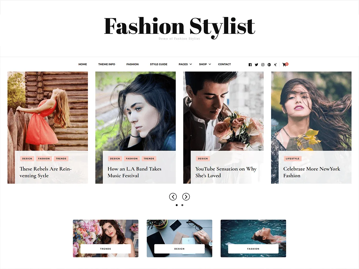 Fashion Stylist web sitesi teması ile oluşturulmuş şık bir moda blogu görünümü