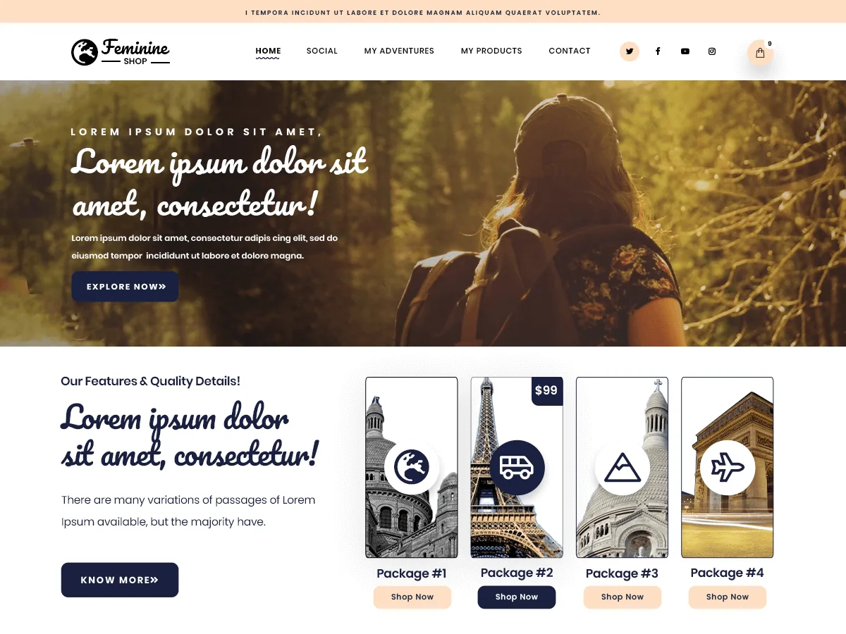 Feminine Shop web sitesi teması ile kadın odaklı bir web sitesi görünümü