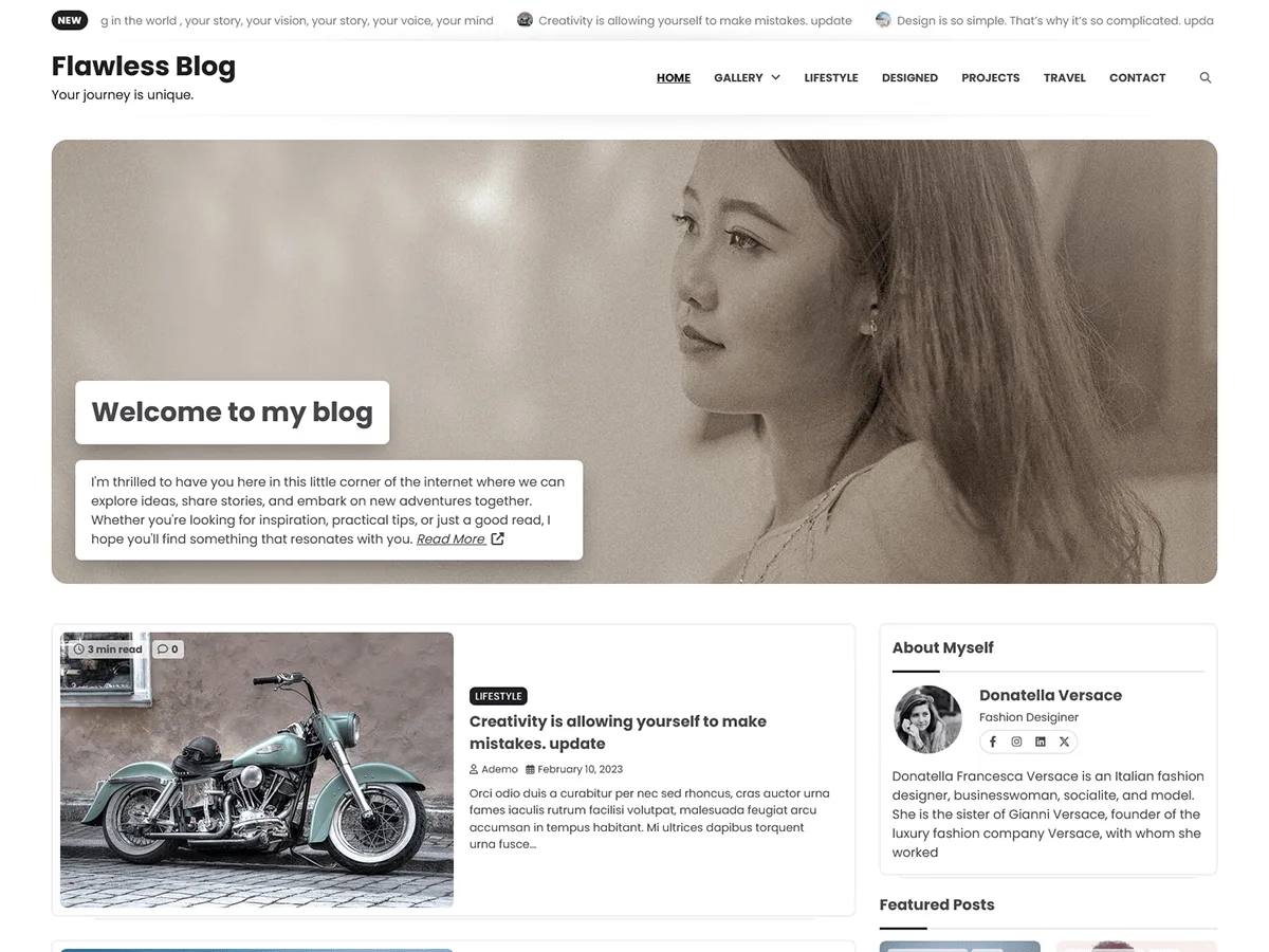 Flawless Blog teması ile tasarlanmış modern bir blog sitesi görünümü
