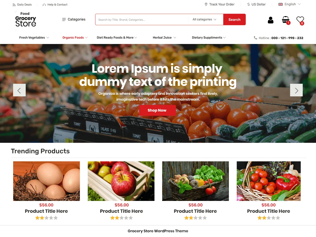 Food Grocery Store web sitesi teması ile online market ve gıda ürünleri sergileme