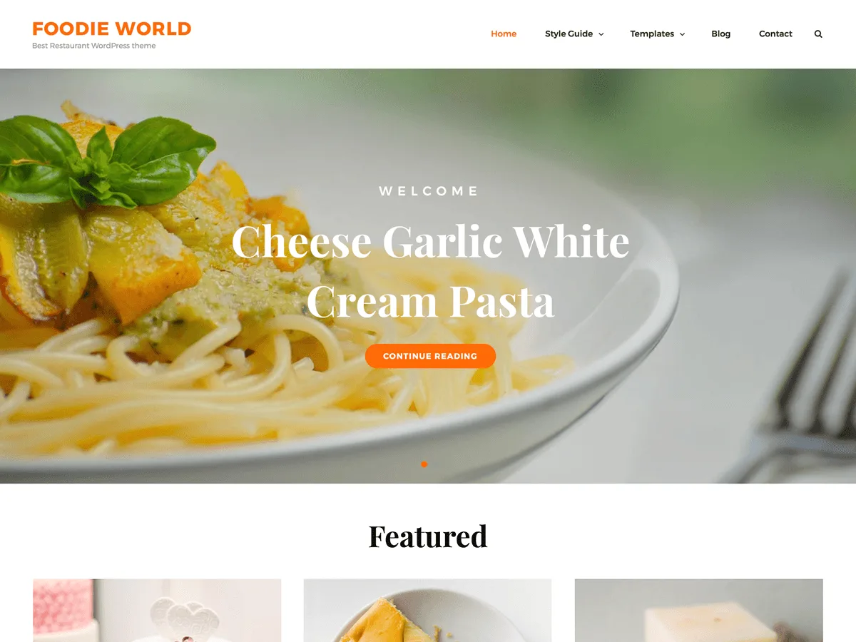 Foodie World web sitesi teması ile tasarlanmış şık bir restoran ana sayfası