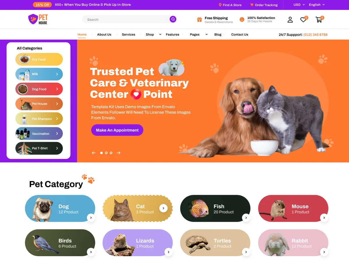 FSE Pet Shop web sitesi teması önizlemesi