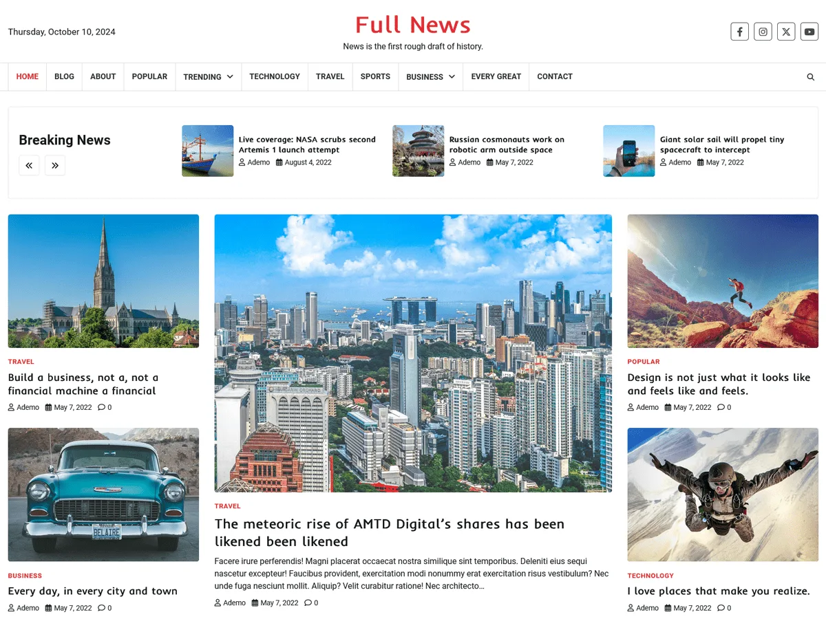 Full News web sitesi teması haber ve dergi siteleri için modern tasarım