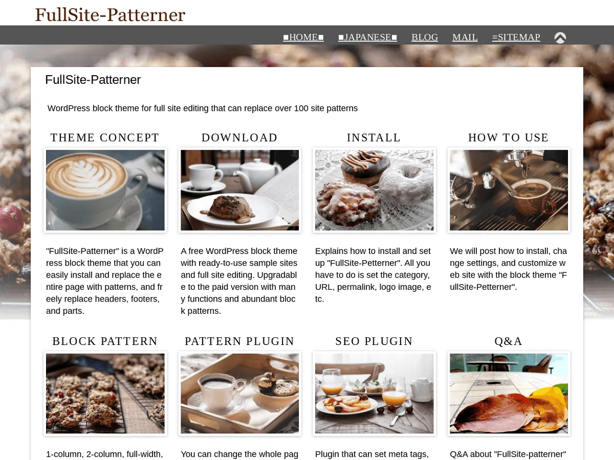 FullSite-Patterner web sitesi teması ile desen tabanlı sayfa düzeni örneği