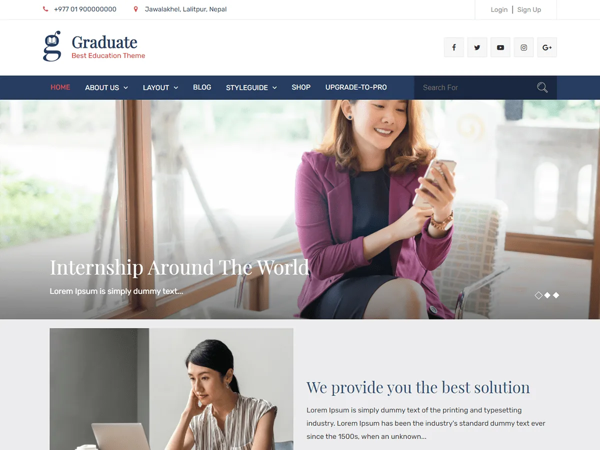 Graduate web sitesi teması ile eğitim kurumu web sitesi görünümü