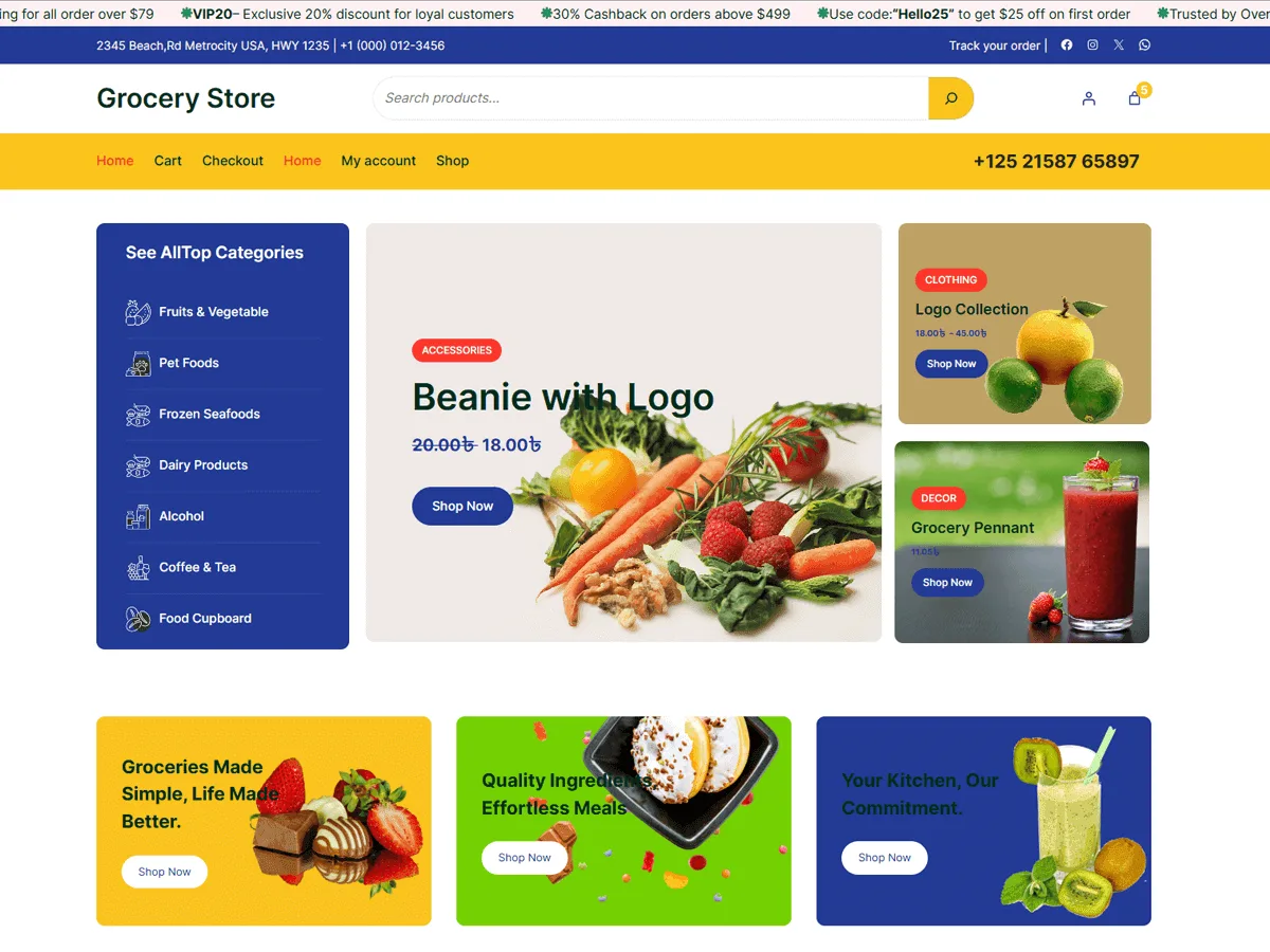 Grocery and Organic Store web sitesi teması ile market ve organik gıda e-ticaret sitesi görünümü
