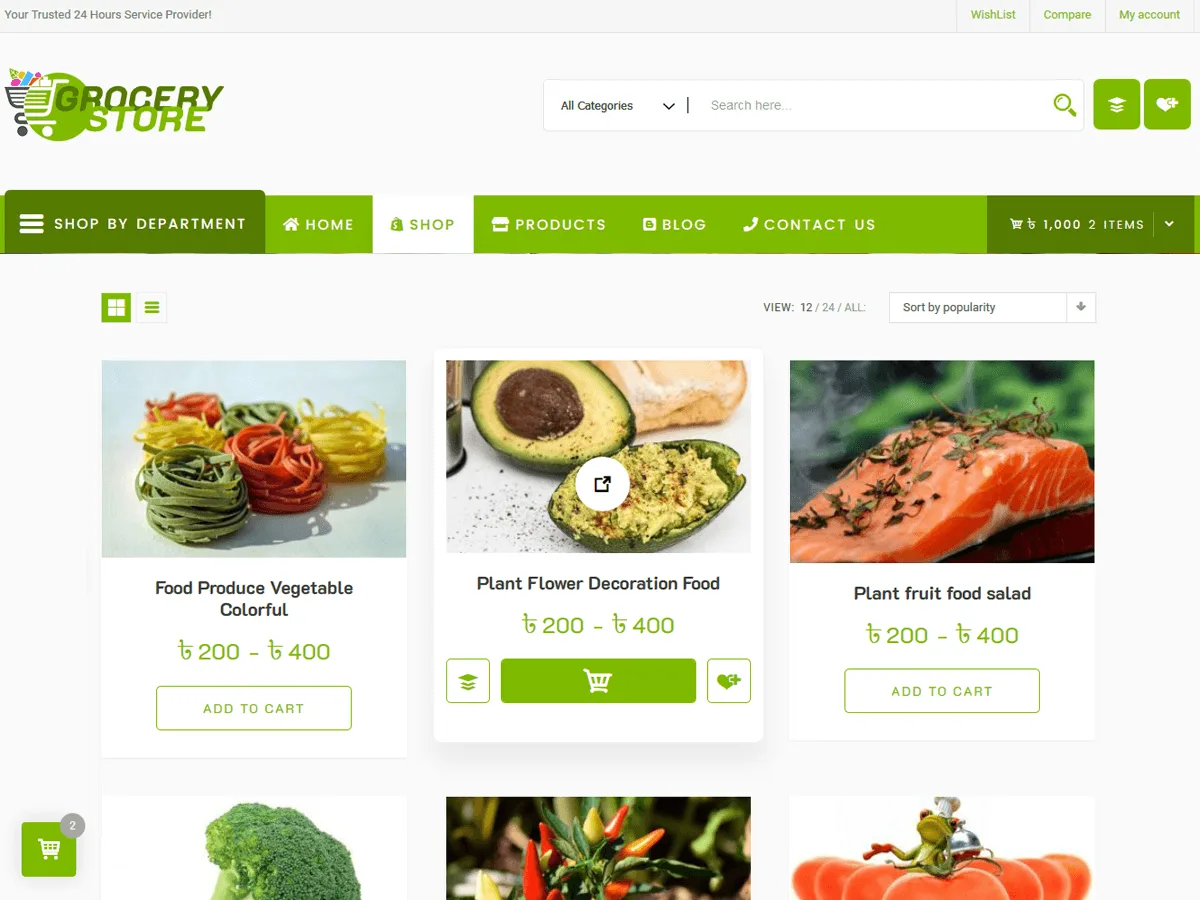 Grocery Store web sitesi teması ile oluşturulmuş çok amaçlı mağaza görünümü