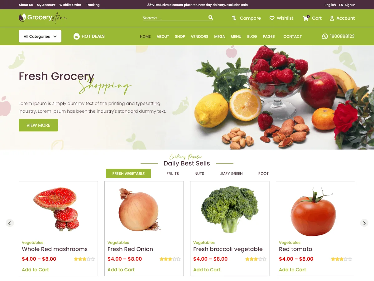 Grocery Supermarket web sitesi teması ile oluşturulmuş market e-ticaret sitesi görünümü