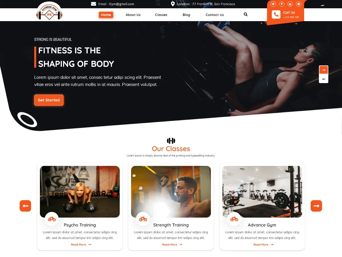 Gym Training Coach web sitesi teması ile fitness koçları için profesyonel bir web sitesi görünümü
