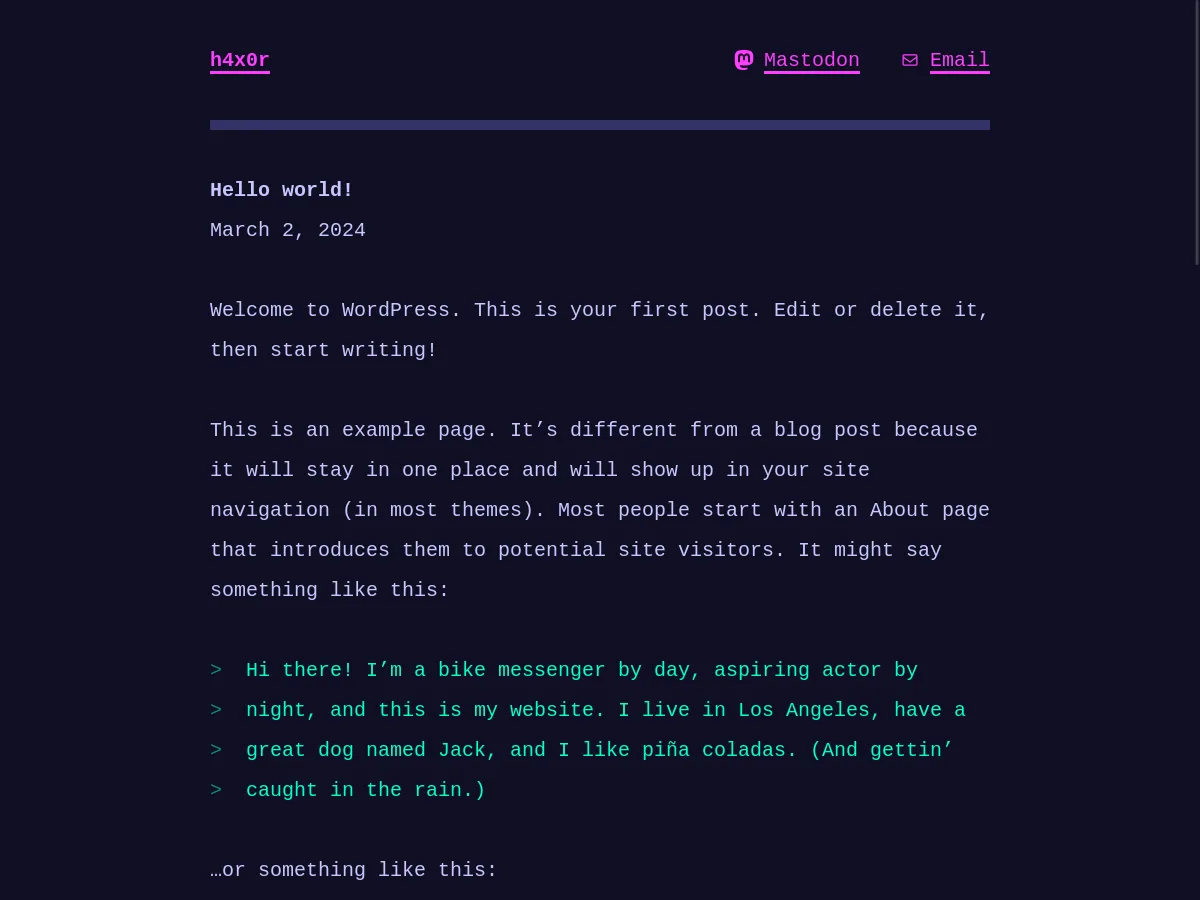 h4x0r web sitesi temasının terminal estetiğini yansıtan ekran görüntüsü