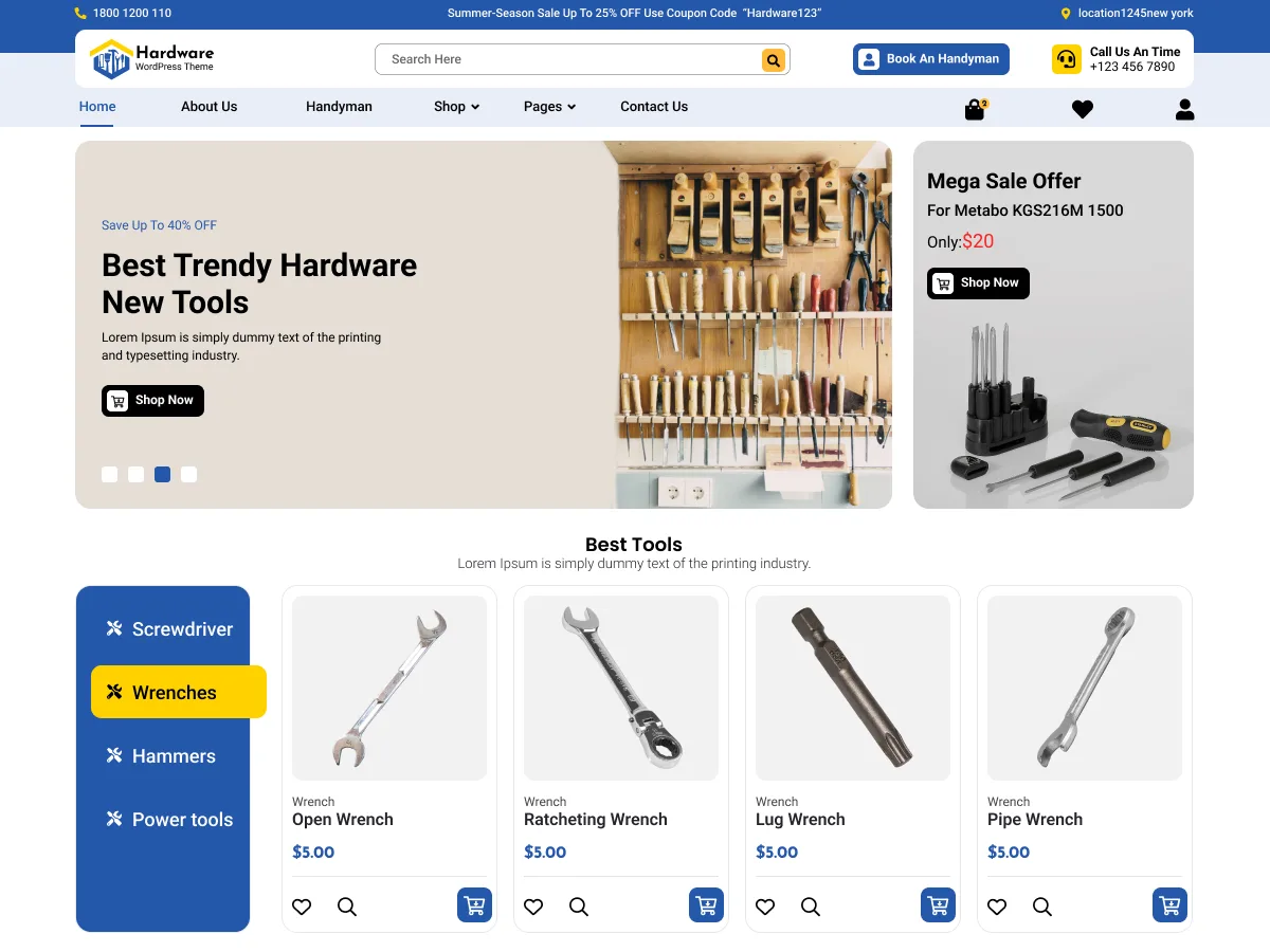 Hardware Dealer web sitesi teması ile hırdavat mağazası e-ticaret görünümü