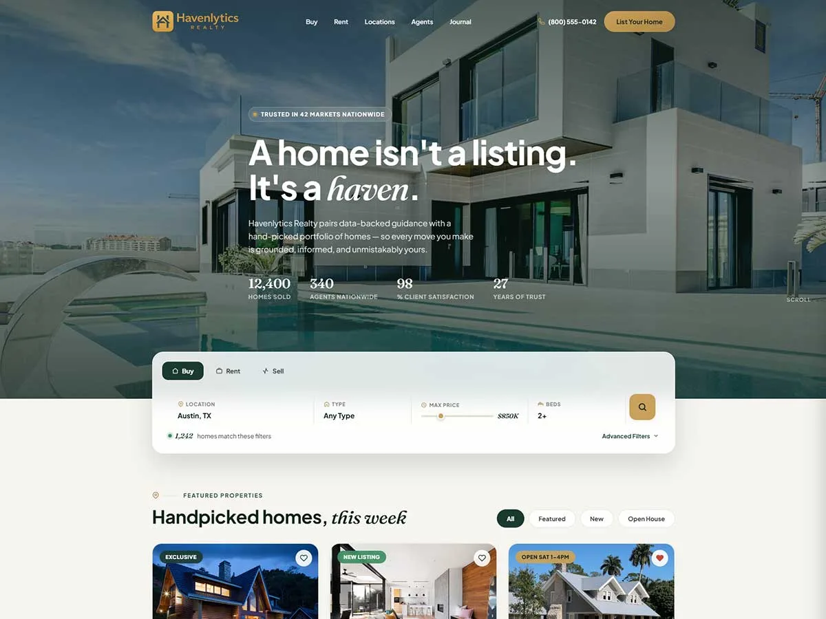 Havenlytics Realty teması ile oluşturulmuş emlak web sitesi görünümü