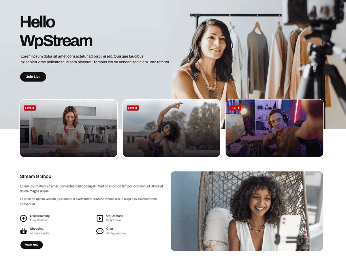 Hello WPStream web sitesi teması canlı yayın ve video özelliklerini gösteriyor