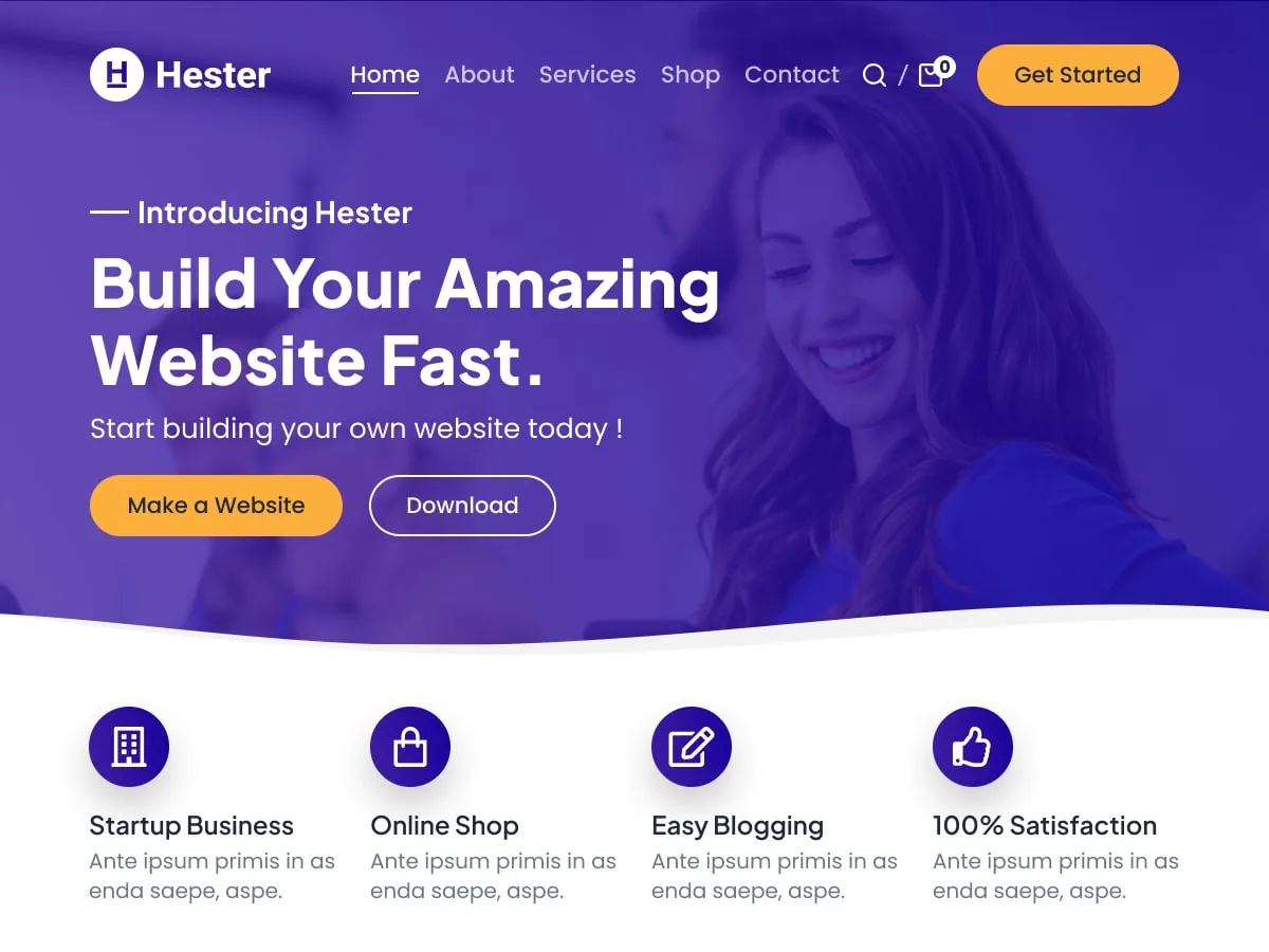 Hester web sitesi teması önizlemesi