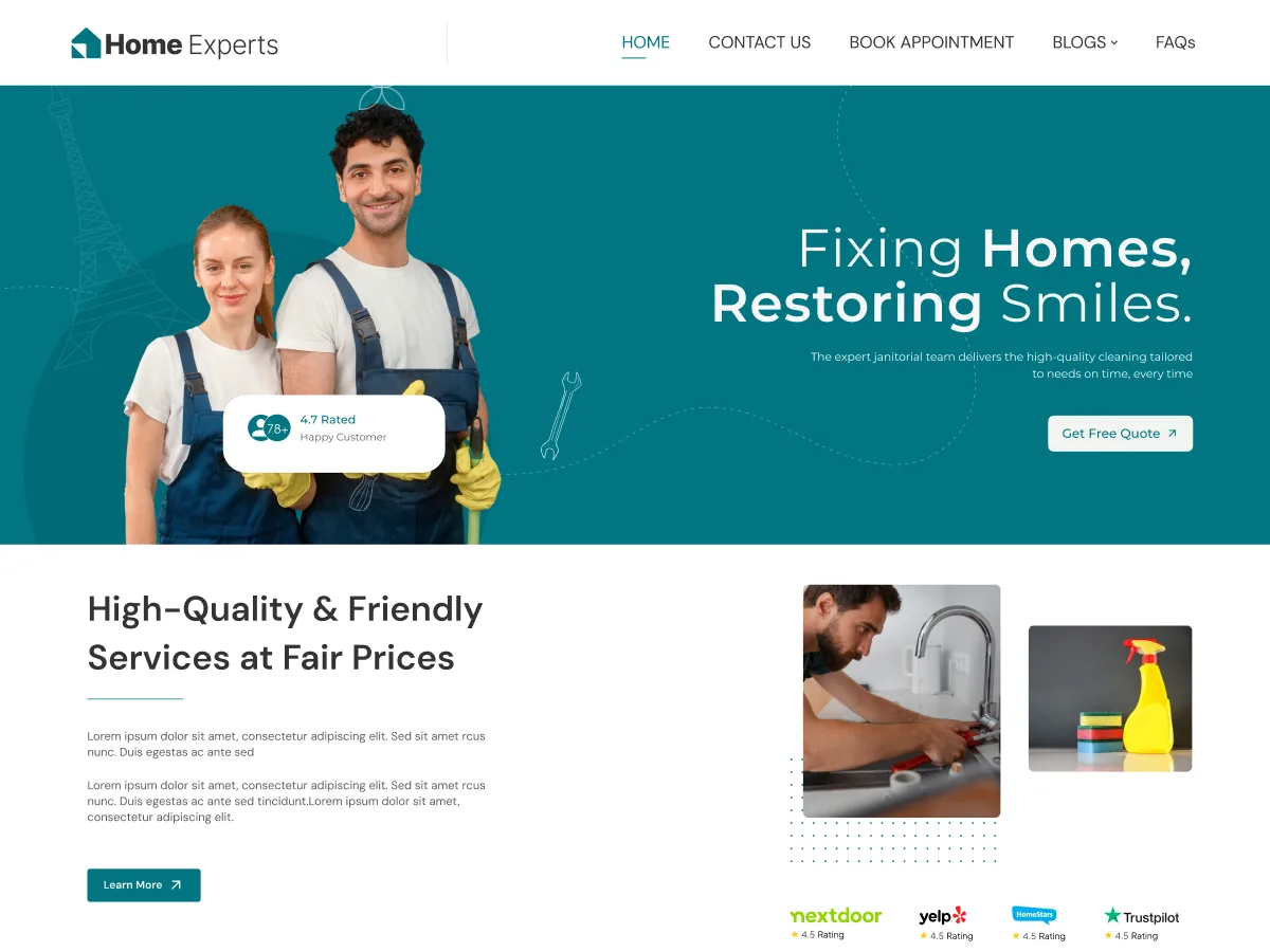 Home Experts web sitesi teması ile hizmet işletmeleri için profesyonel bir web sitesi görünümü