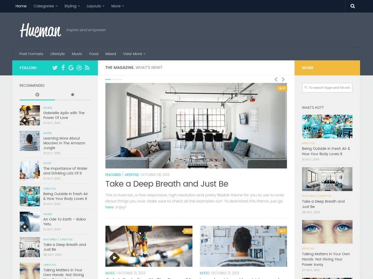 Hueman web sitesi teması ile oluşturulmuş bir blog veya dergi sitesi görünümü
