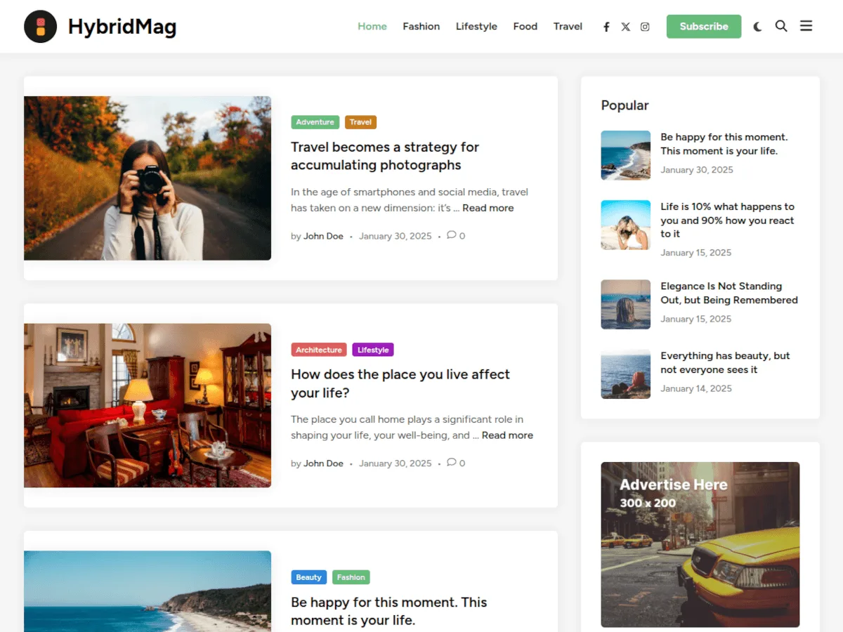 HybridMag web sitesi teması ile modern bir haber sitesi görünümü