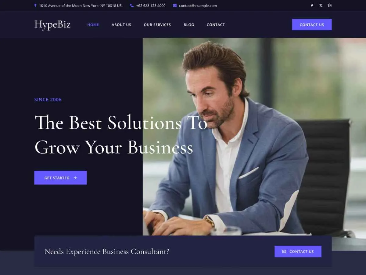 Hypebiz web sitesi teması ile danışmanlık hizmetleri için modern ve düzenli bir web sitesi görünümü