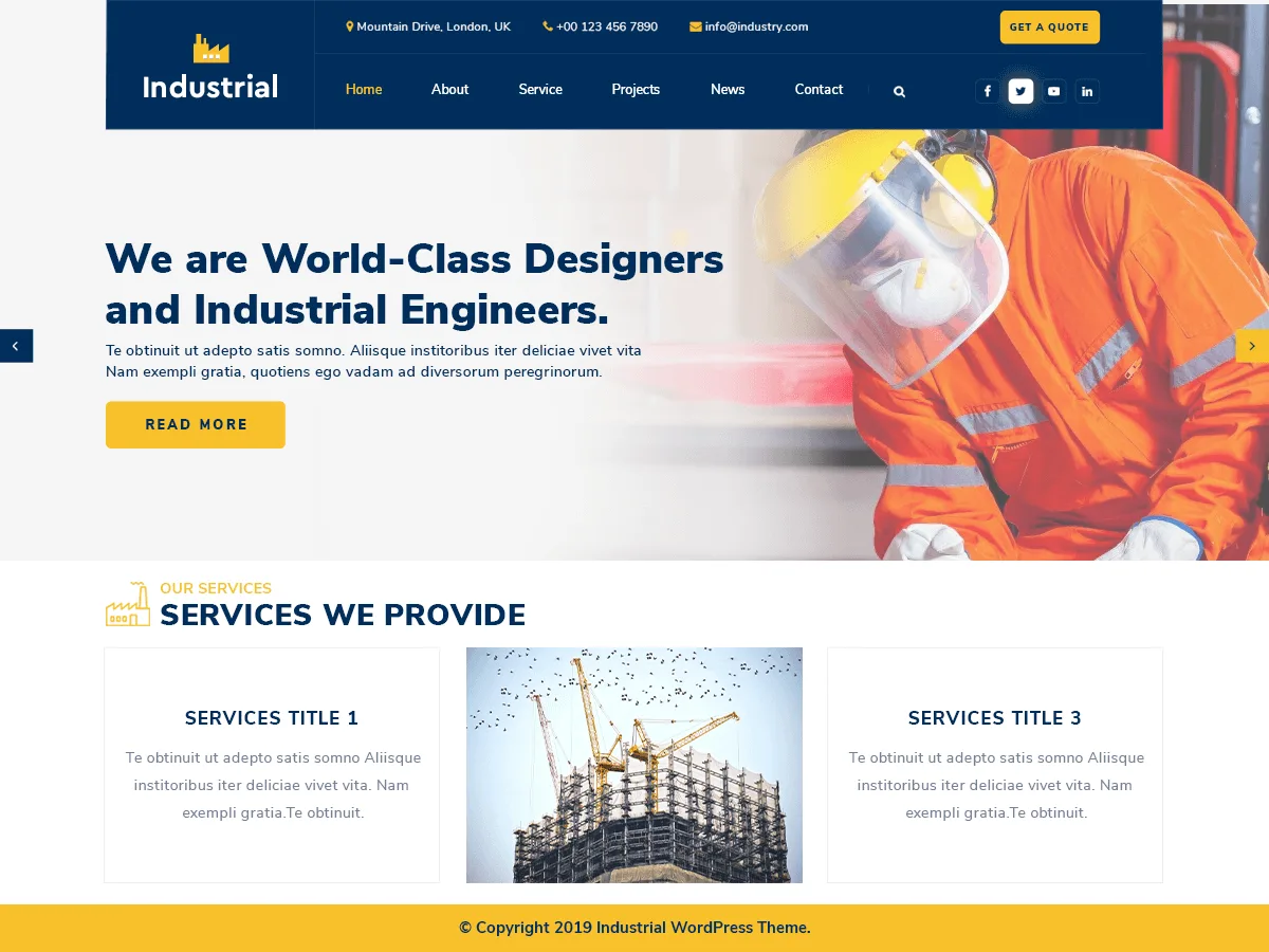 Industrial Lite web sitesi teması endüstriyel sektörler için tasarlanmıştır