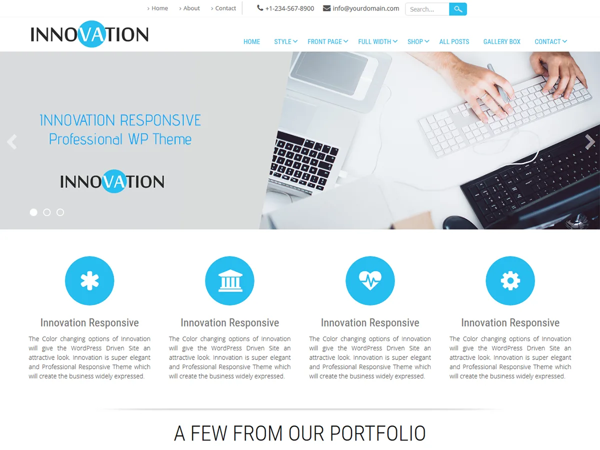 Innovation Lite WordPress theme homepage with slider and portfolio sections