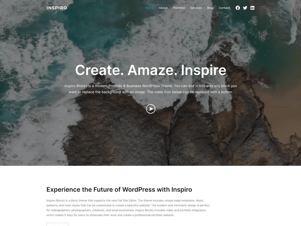 Inspiro Blocks teması ile oluşturulmuş modern bir web sitesi görünümü