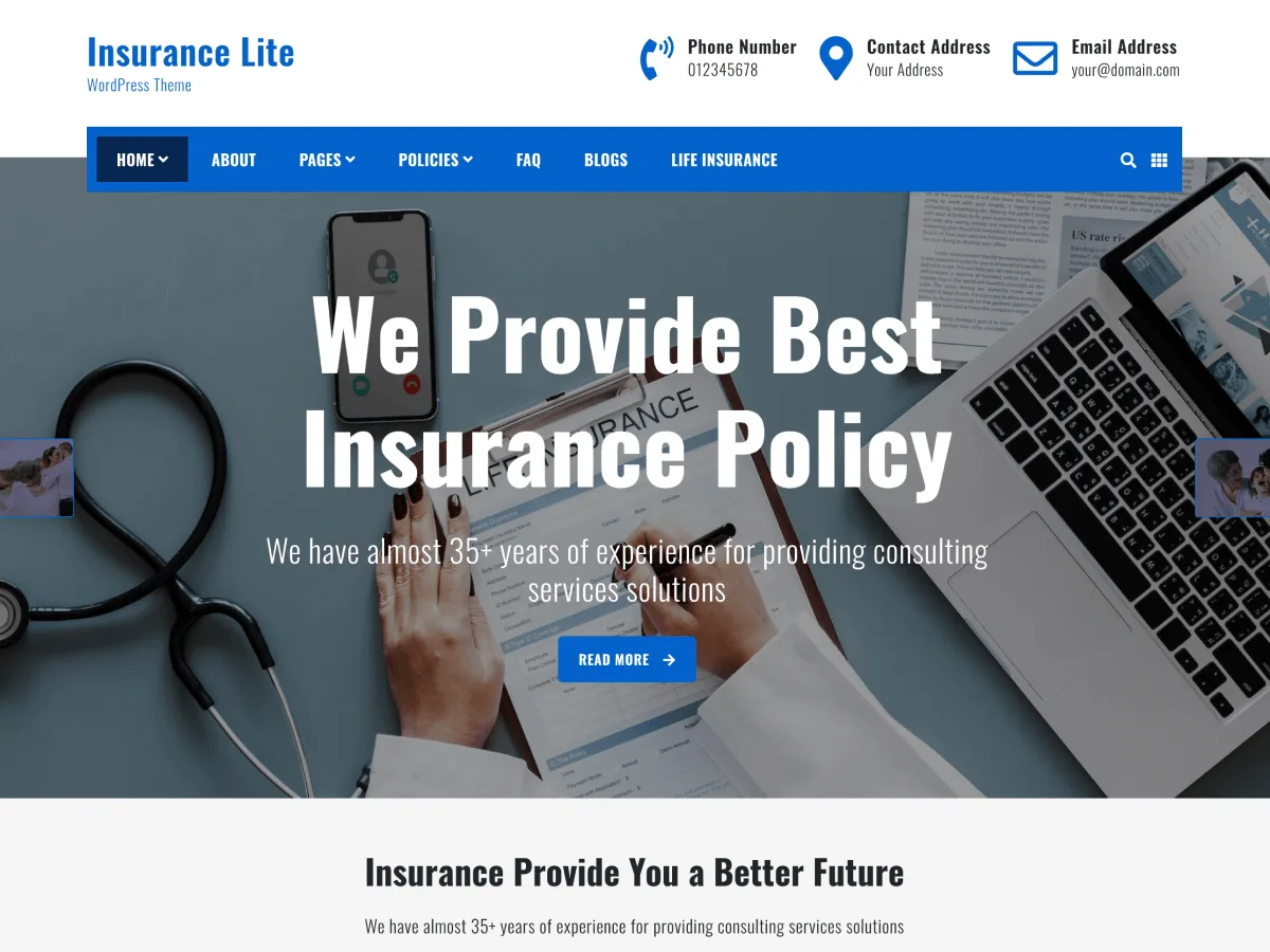 Insurance Lite web sitesi teması önizlemesi