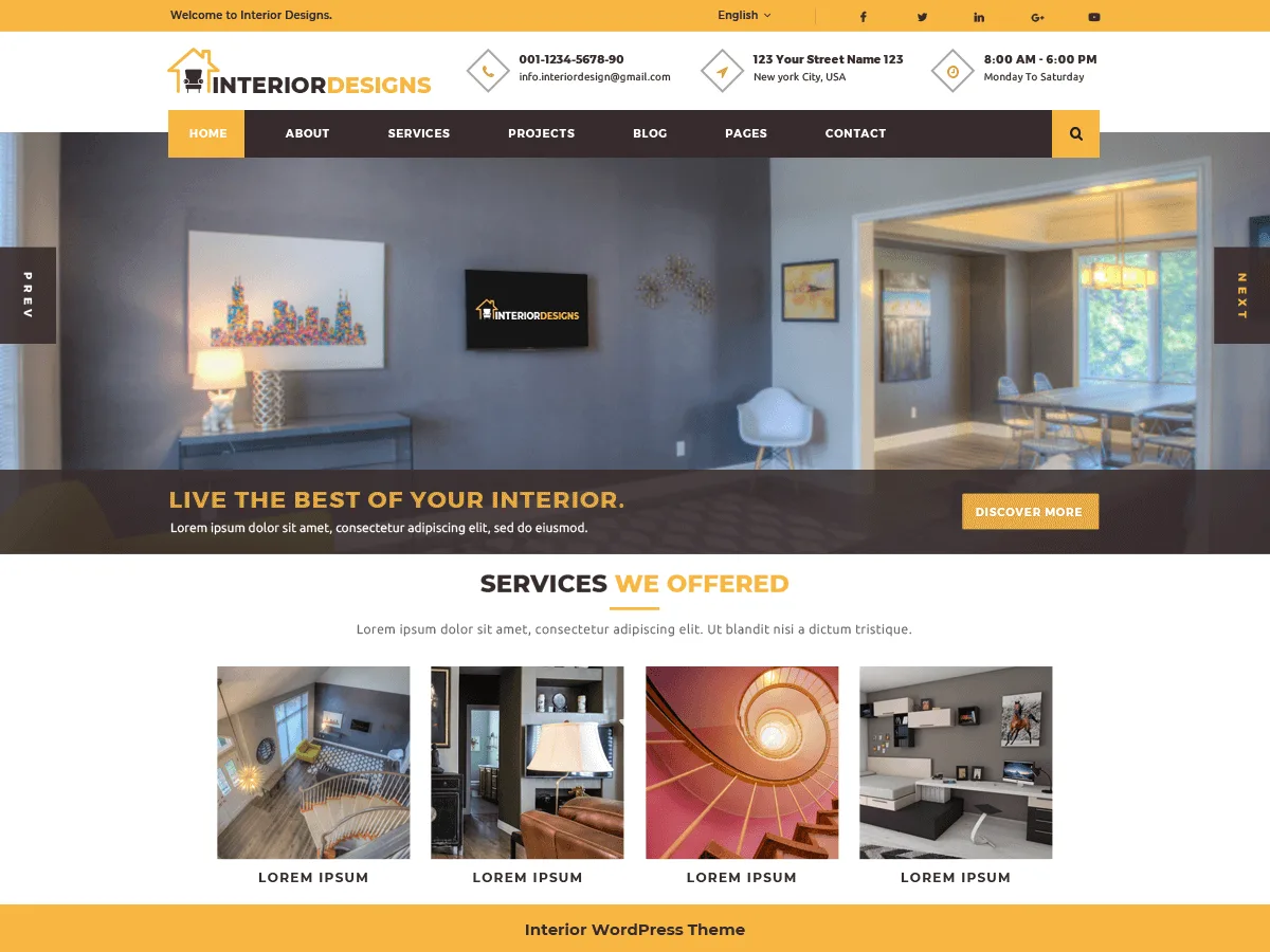 Interior Designs web sitesi teması ile iç mimarlık ve dekorasyon sitesi görünümü