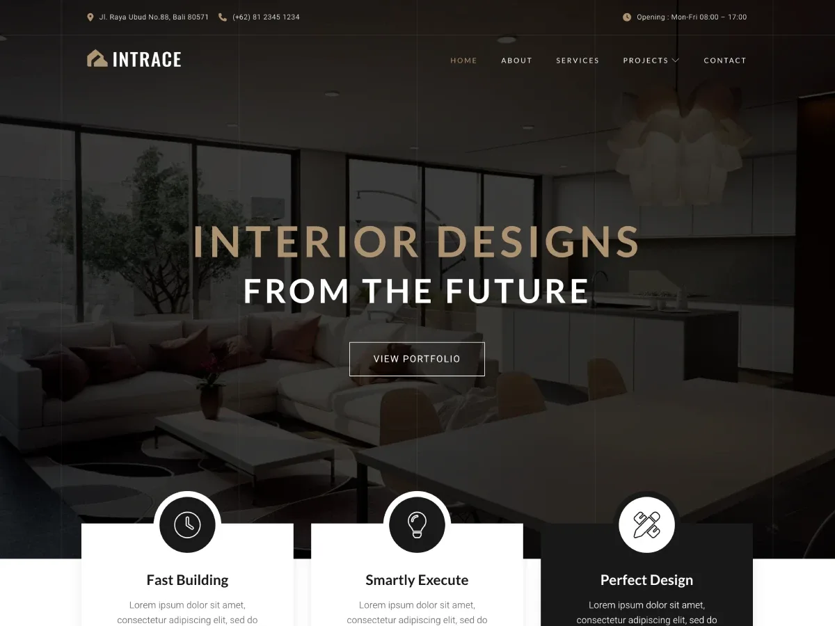 Intrace web sitesi teması ile modern bir iç mimarlık portfolyo görünümü