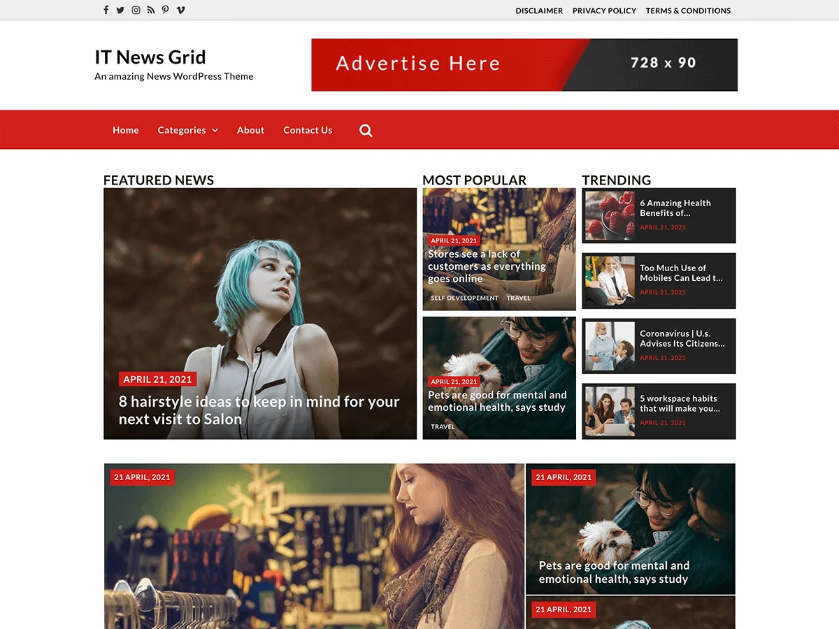 IT News Grid teması ile haber ve blog sitesi görünümü