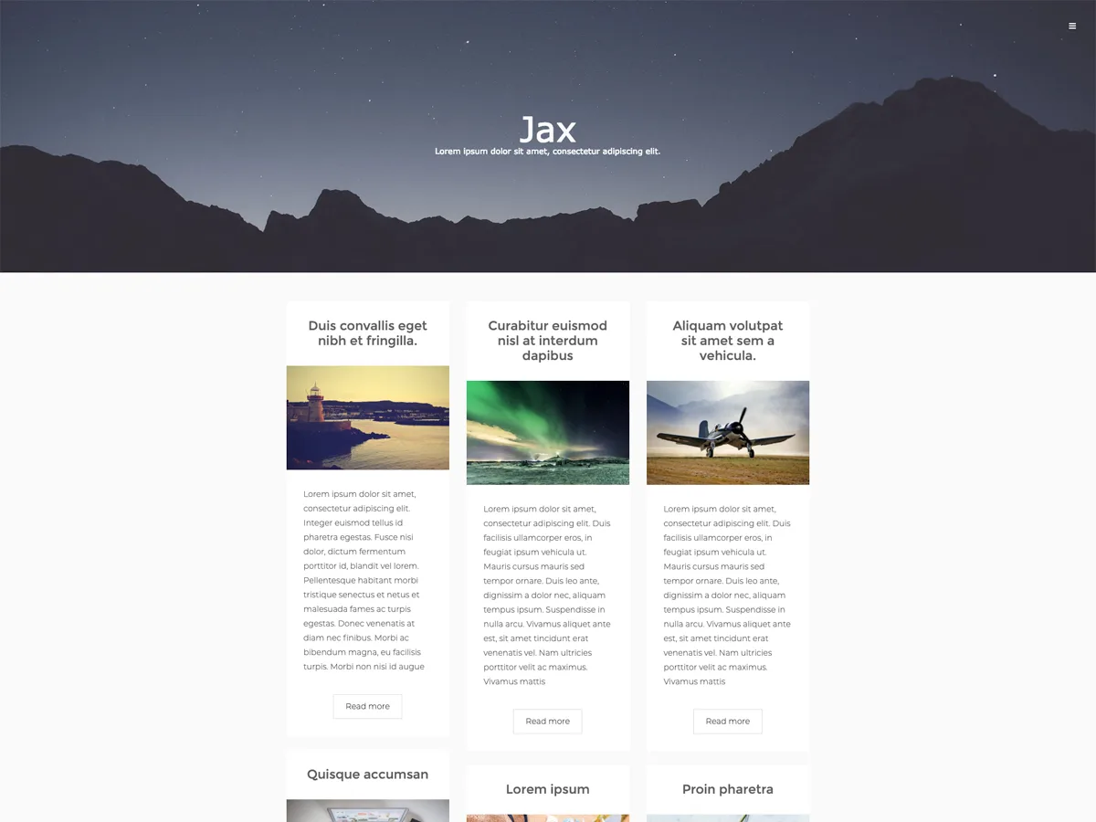 Jax Lite web sitesi teması minimalist tasarım ve masonry düzeni ile blog ve fotoğraf siteleri için uygun
