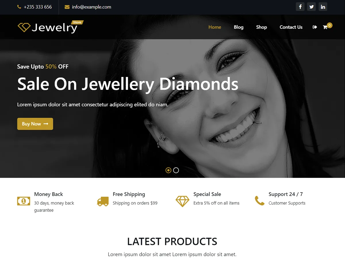 Jewelry Store web sitesi teması ile oluşturulmuş çevrimiçi mağaza görünümü