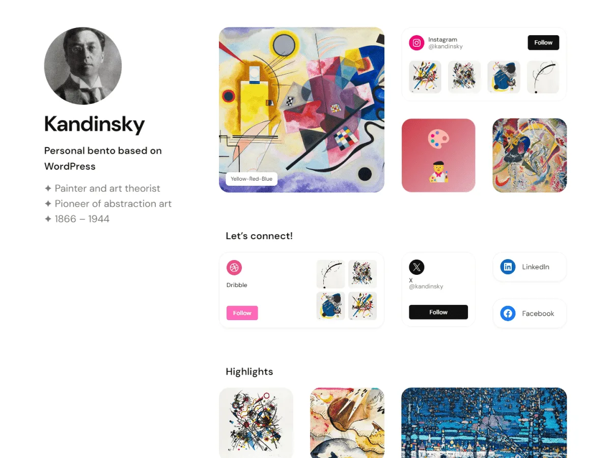 Kandinsky Bento web sitesi teması ile oluşturulmuş tek sayfalık kişisel web sitesi görünümü