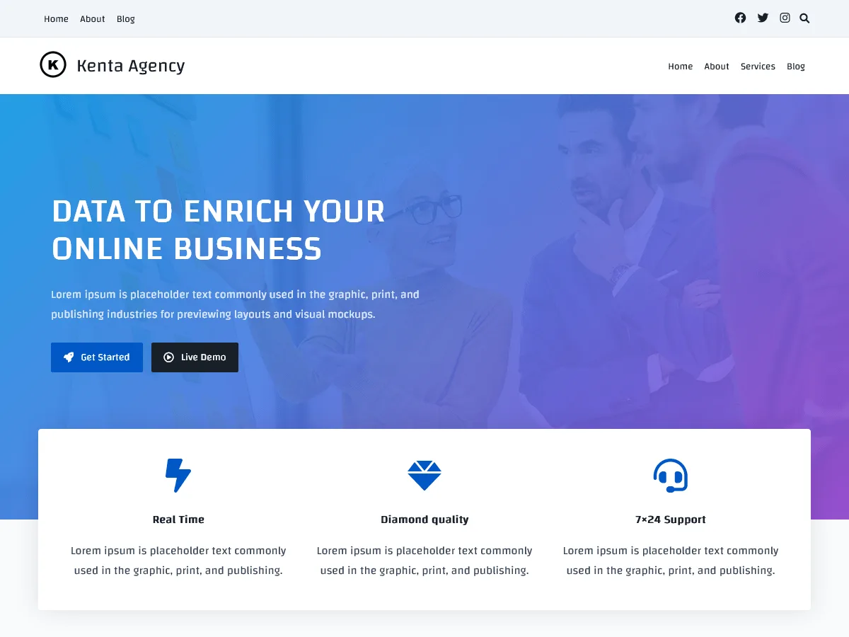 Kenta web sitesi teması ile oluşturulmuş örnek bir web sitesi görünümü