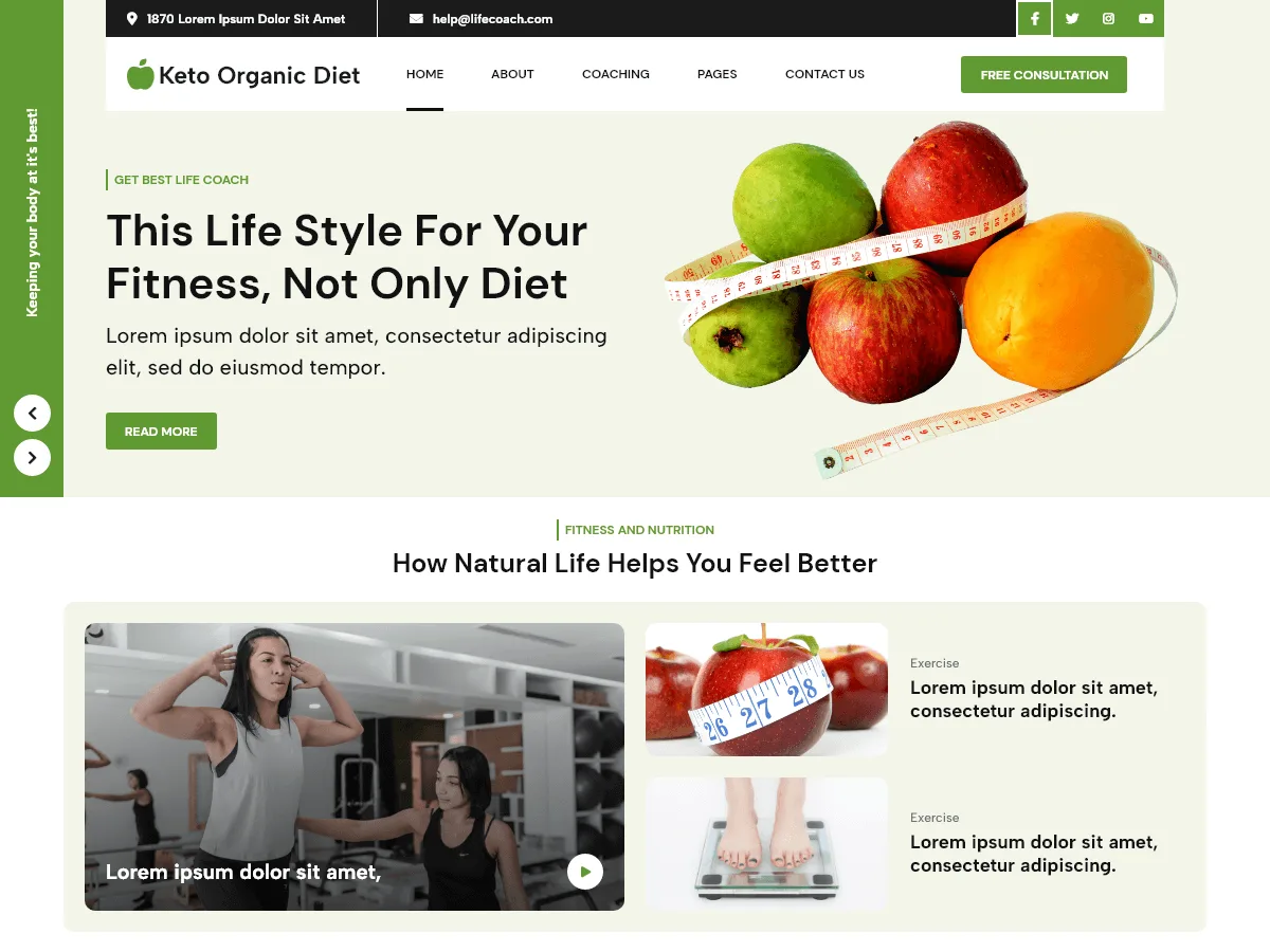 Keto Organic Diet web sitesi teması ile sağlıklı yaşam ve beslenme odaklı bir web sitesi tasarımı