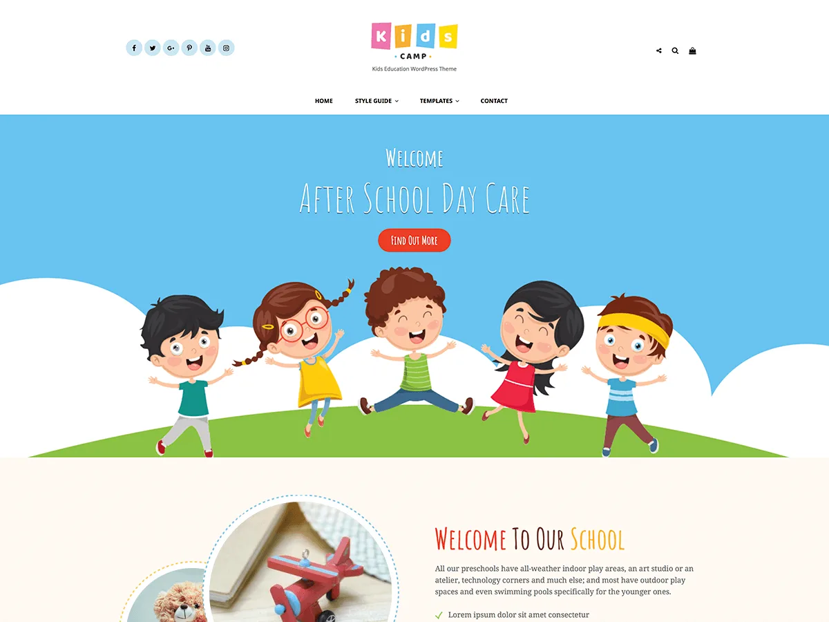 Kids Camp web sitesi teması ile çocuk eğitim sitesi görünümü
