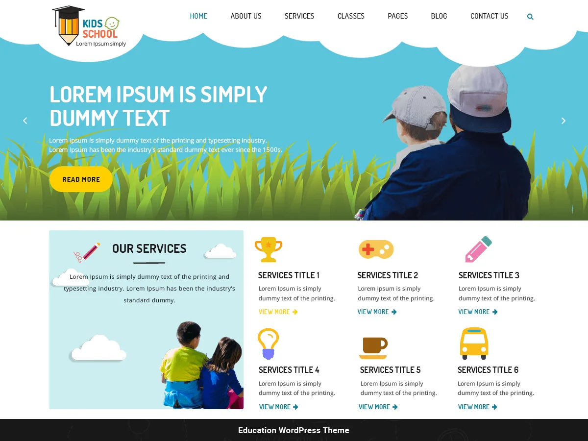 Kindergarten Education web sitesi teması ile anaokulu web sitesi görünümü