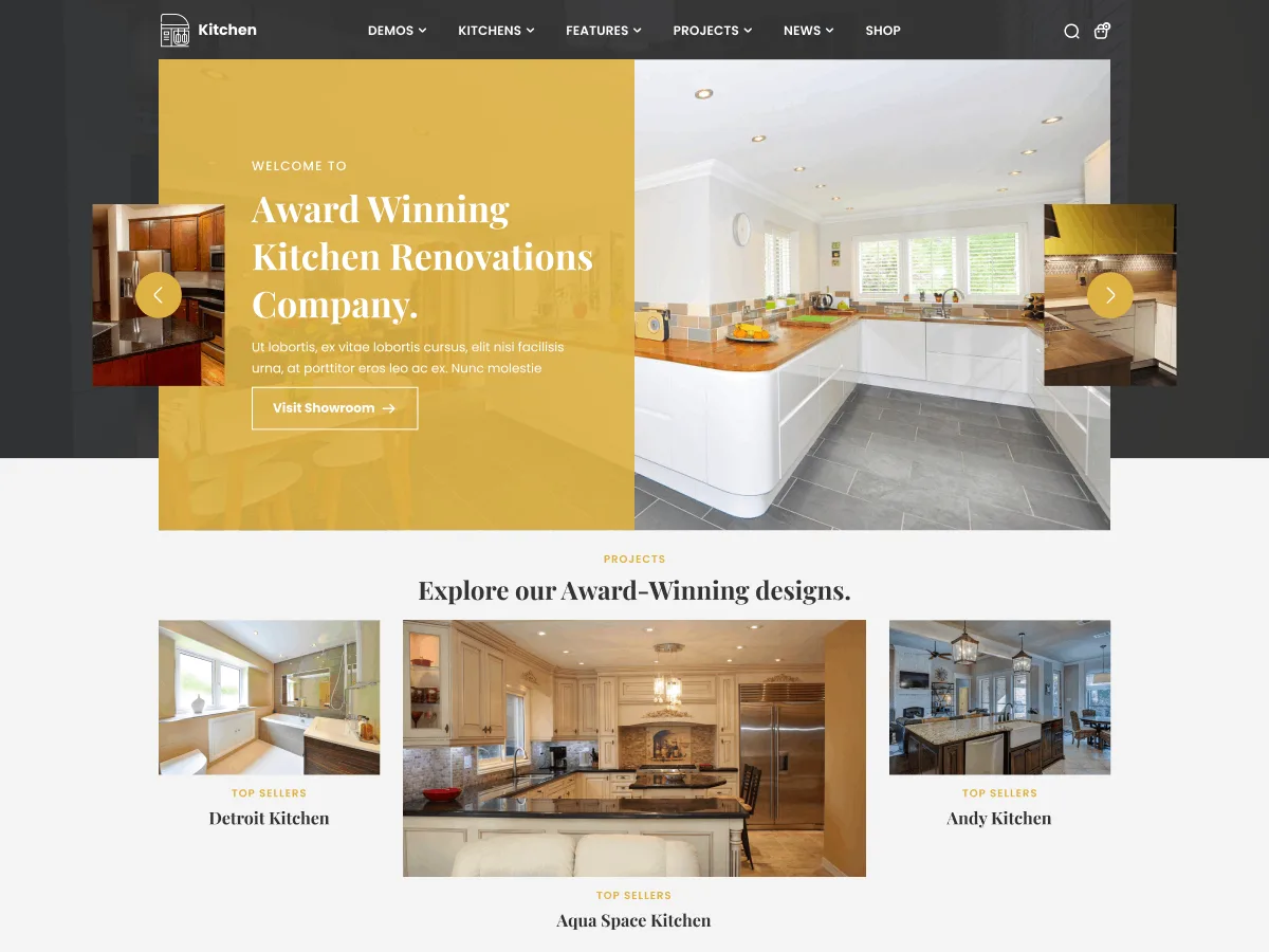 Kitchen Interior Design web sitesi teması ile mutfak iç mimarisi portfolyo görünümü