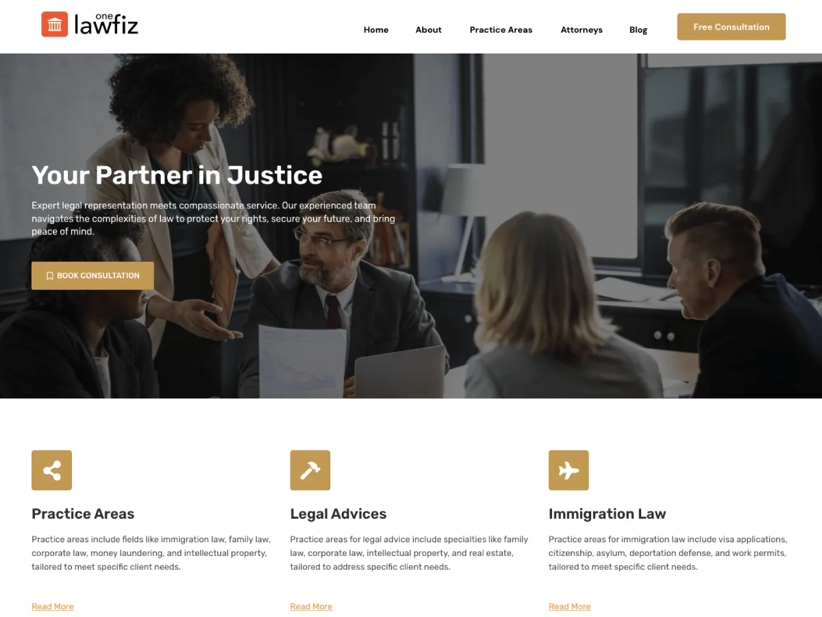 Lawfiz One web sitesi teması ile hukuk bürosu web sitesi görünümü