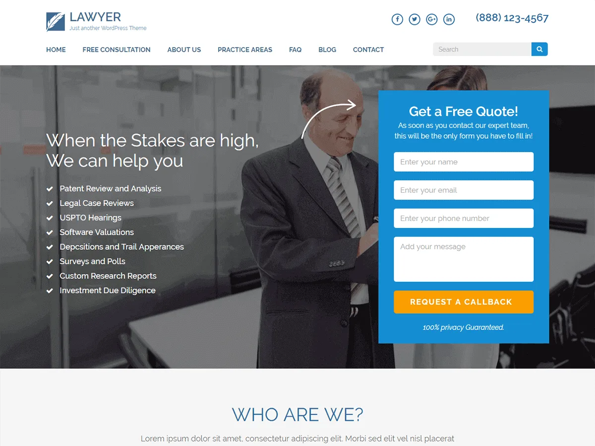 Lawyer Landing Page teması ile tasarlanmış profesyonel bir avukatlık web sitesi görseli
