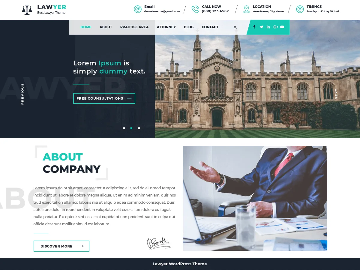Lawyer Lite web sitesi teması ile hukuk bürosu web sitesi görünümü