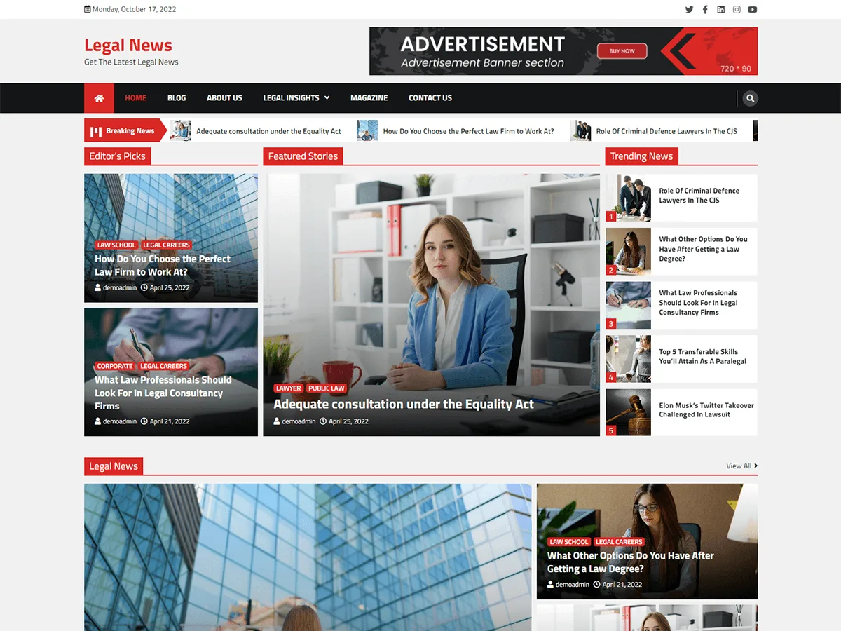 Legal News teması ile haber ve blog sitesi görünümü